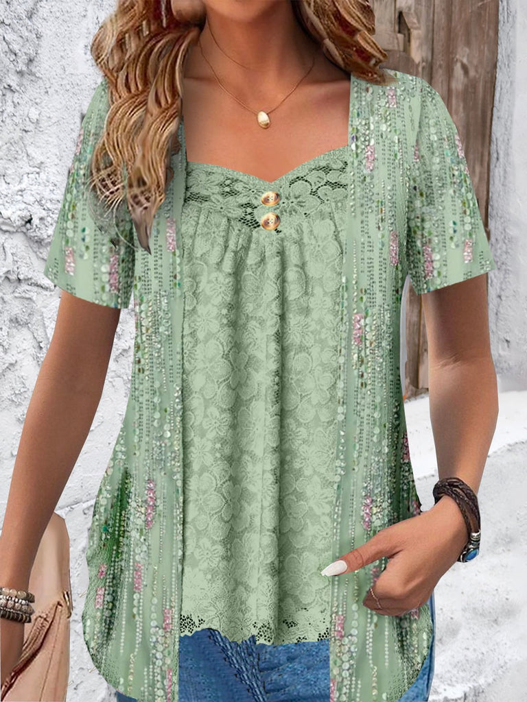 Fashion Short Sleeve Ditsy Floral Loose Regular Blouse