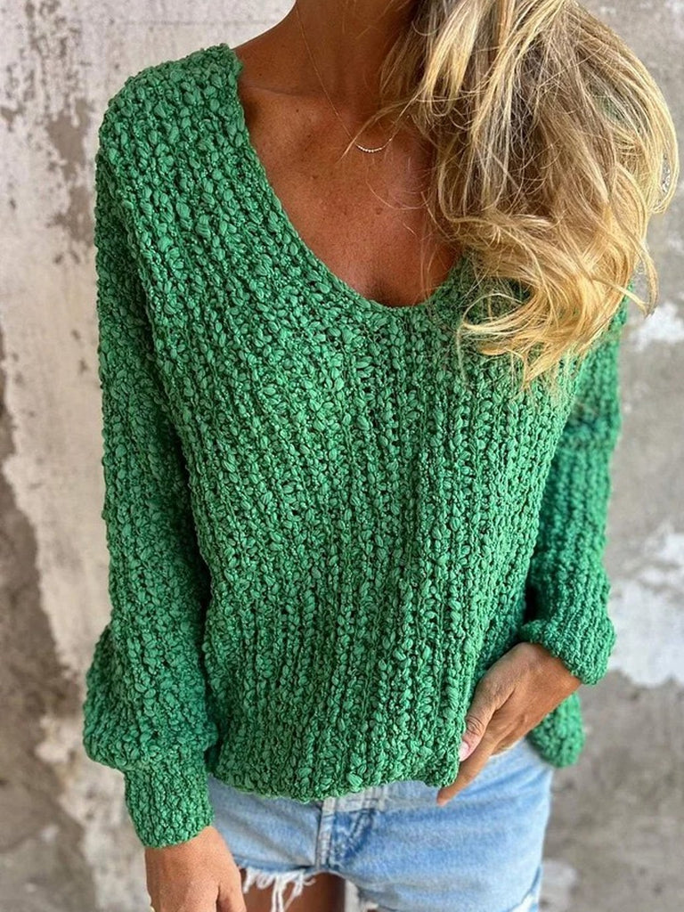 Loose V Neck Long Sleeve Plain Fashion Regular Sweater