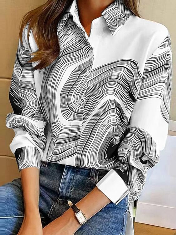 Loose Long Sleeve Shirt Collar Abstract Stripes Fashion Regular Shirt