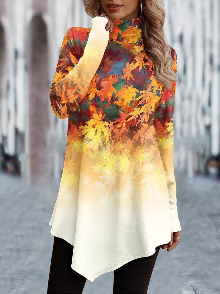 Casual Long Sleeve Turtleneck Leaf Fashion Mid-Long T-Shirt