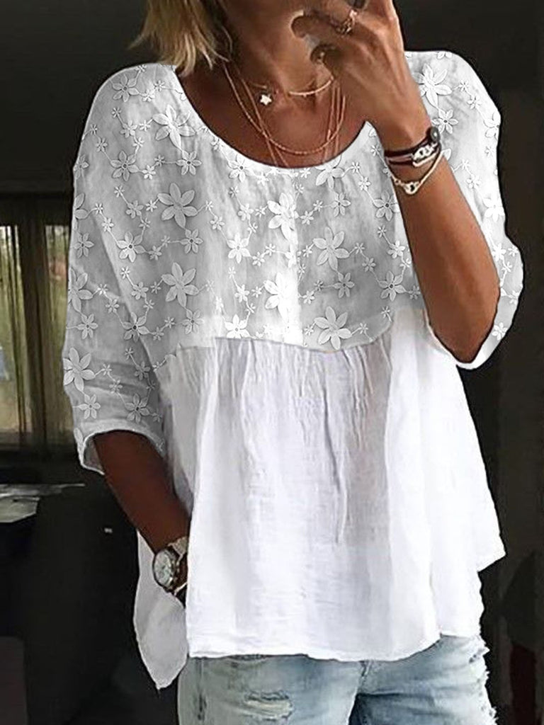 Linen 3/4 Sleeve Crew Neck Plain Split Joint Loose Mid-Long Blouse