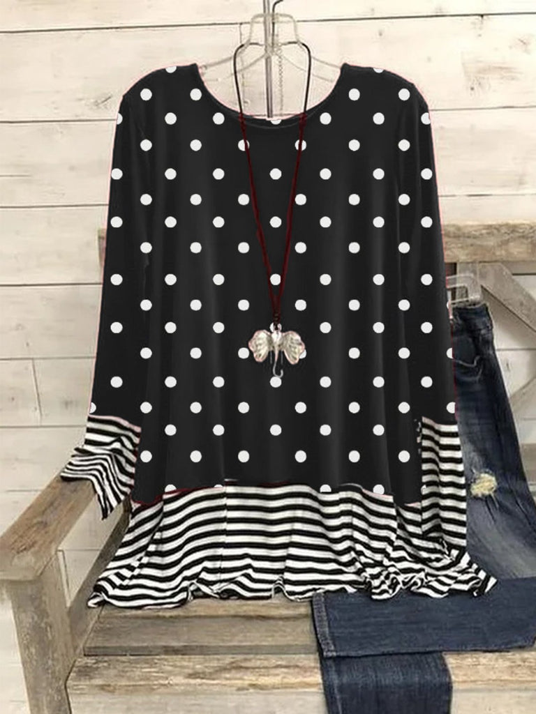 Fashion Crew Neck Long Sleeve Striped Split Joint Regular T-Shirt