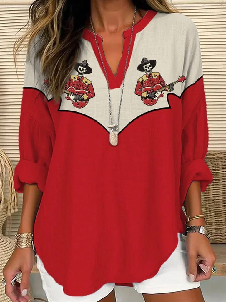 Fashion V Neck Long Sleeve Color Block Loose Regular Blouse