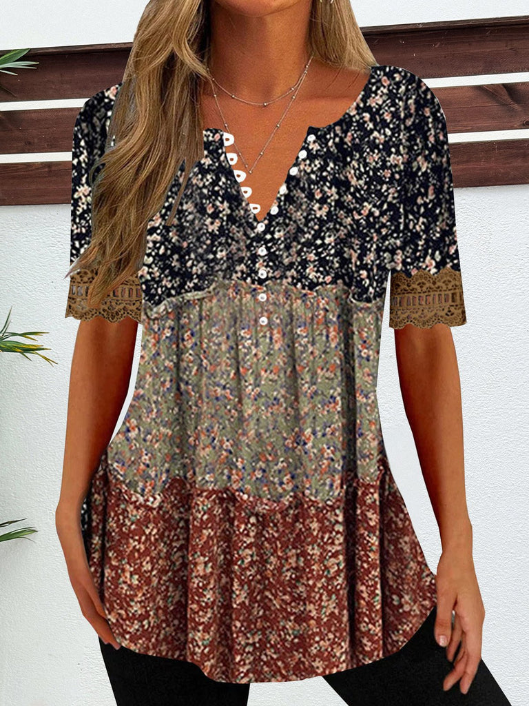 Fashion V Neck Short Sleeve Contrast Stitching Floral Loose Regular Blouse