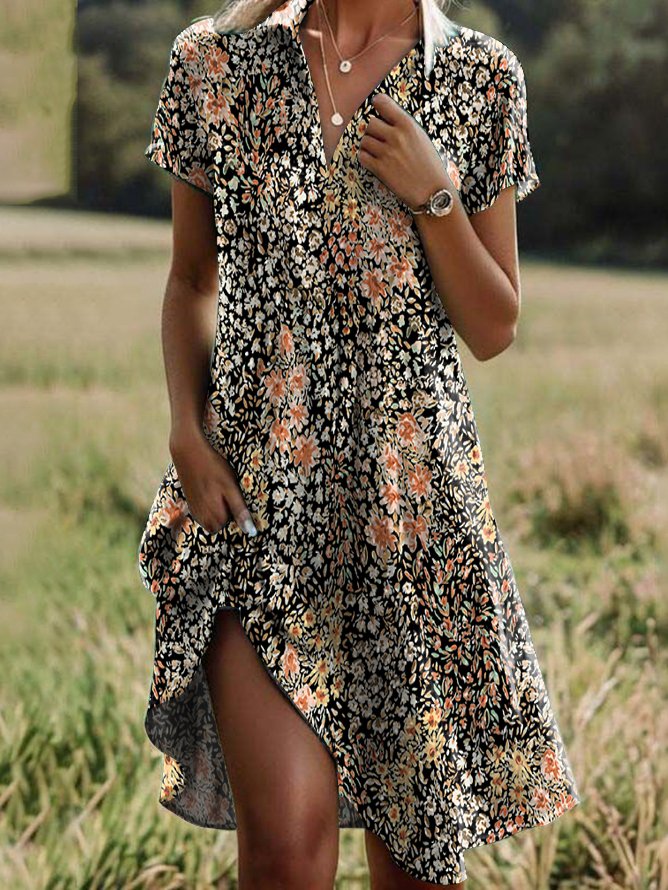 Fashion Short Sleeve Shirt Collar Floral Loose Midi Dress