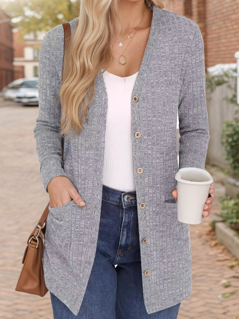 V Neck Long Sleeve Plain Fashion Mid-Long Cardigan