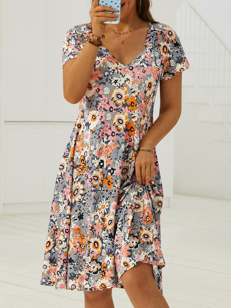 Fashion V Neck Short Sleeve Floral Short Dress