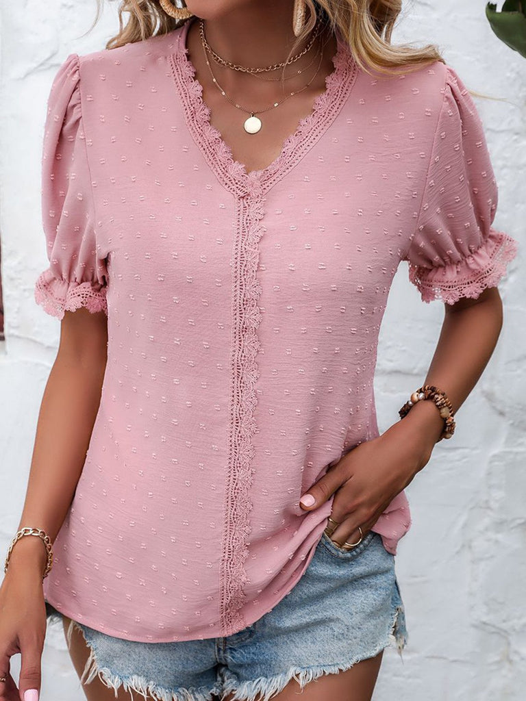 Fashion V Neck Short Sleeve Plain Regular Blouse