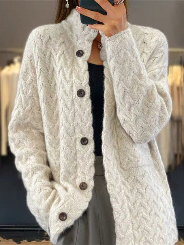 Loose Stand Collar Long Sleeve Plain Fashion Regular Cardigan