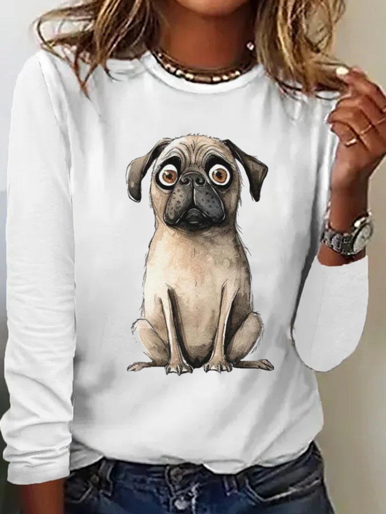 Loose Crew Neck Long Sleeve Text Letters Fashion Regular T-Shirt