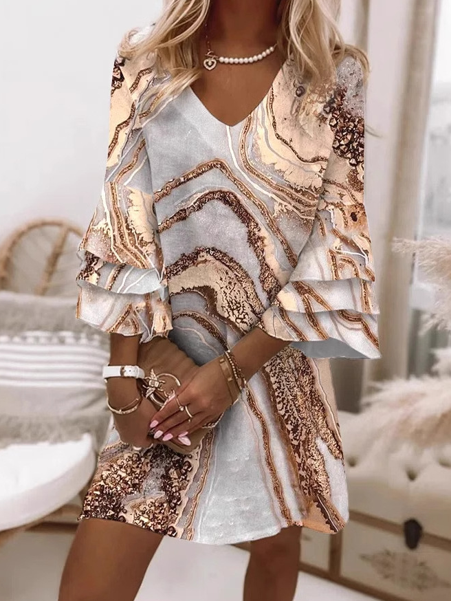 Fashion 3/4 Sleeve V Neck Geometric Loose Short Dress