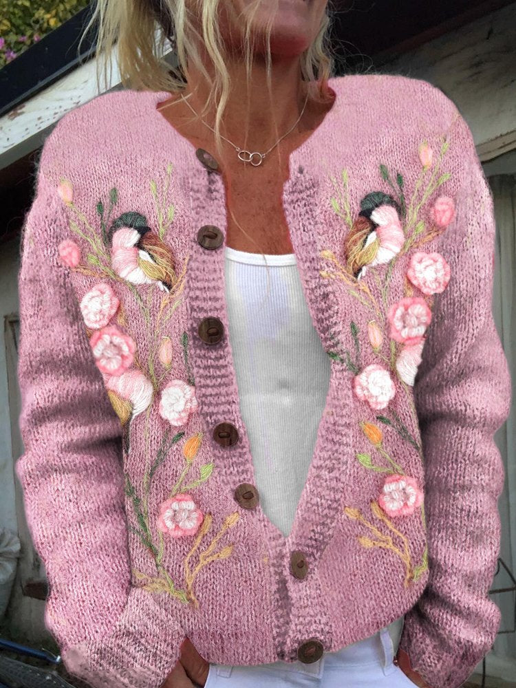 Crew Neck Long Sleeve Floral Printing Fashion Regular Cardigan
