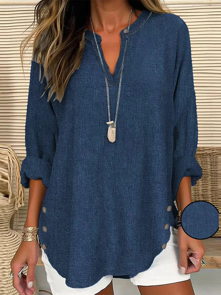 Loose Long Sleeve Notched Plain Fashion Regular Blouse