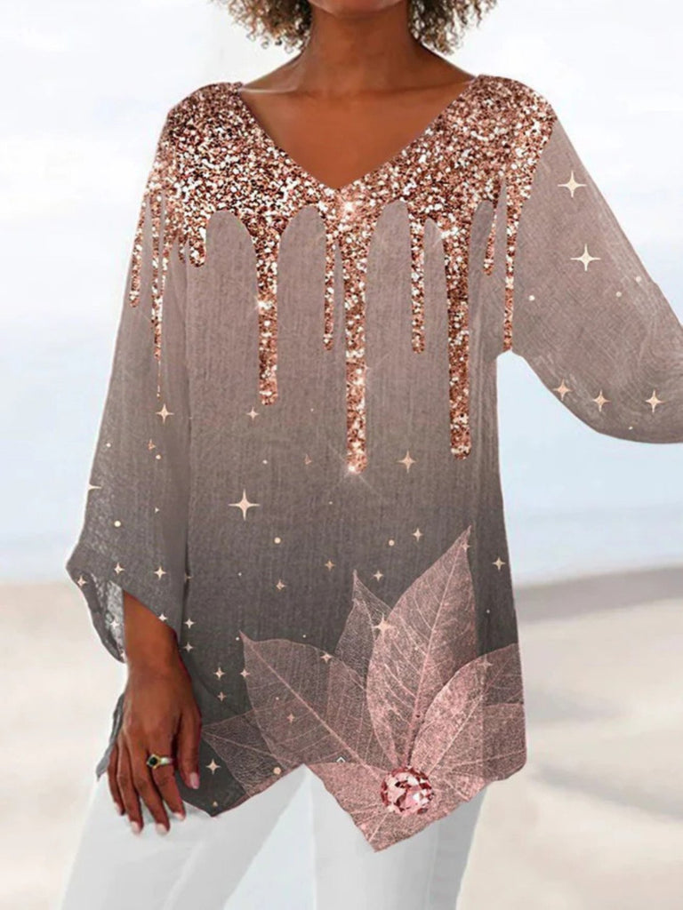 Loose V Neck Long Sleeve Abstract Fashion Regular Blouse