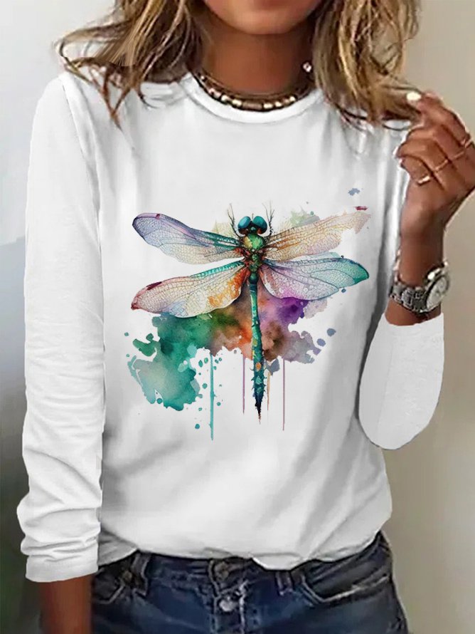 Casual Crew Neck Long Sleeve Dragonfly Fashion Regular T-Shirt
