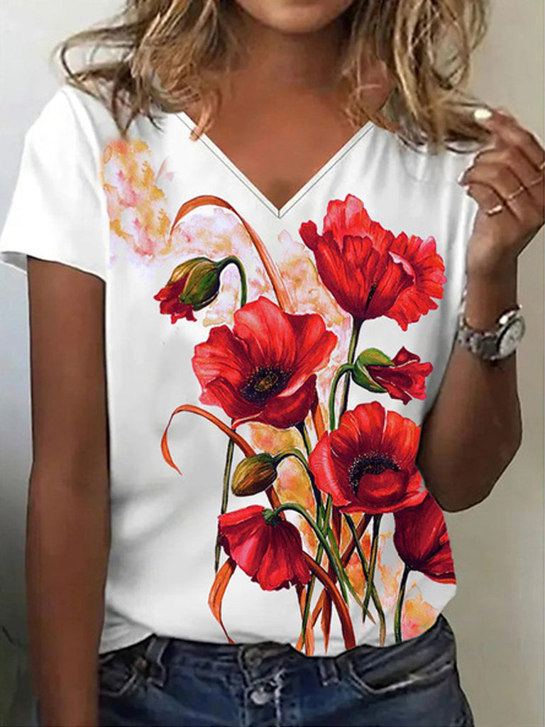 Fashion V Neck Short Sleeve Floral Casual Regular T-Shirt