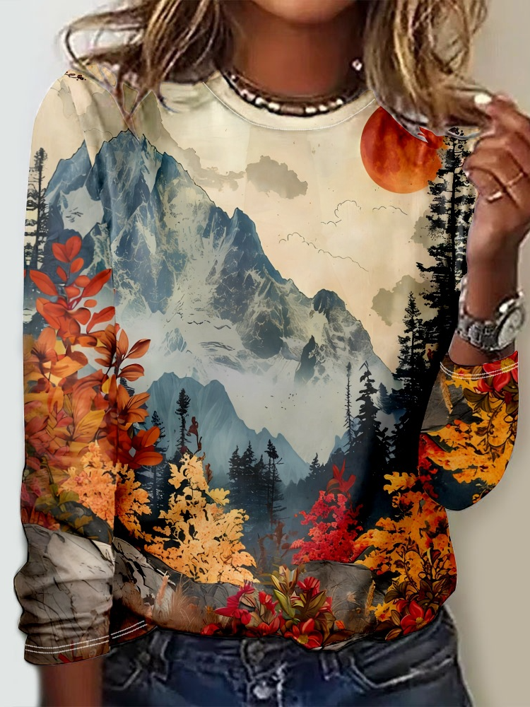 Crew Neck Long Sleeve Landscape Painting Fashion Regular Blouses