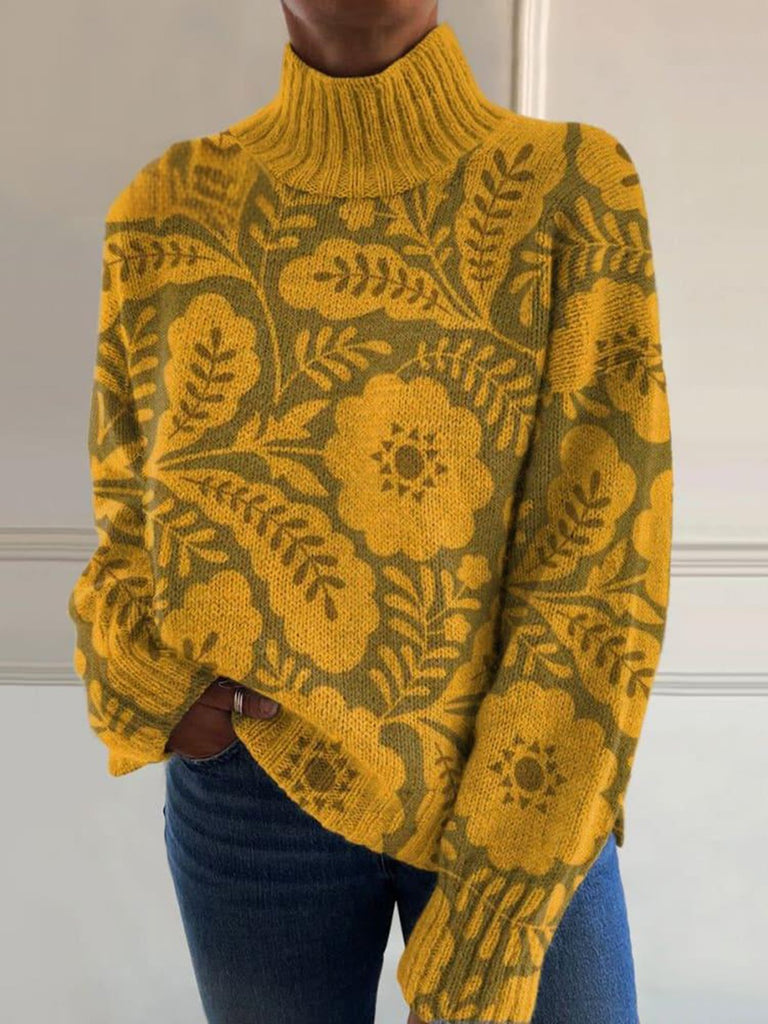 Loose Long Sleeve Stand Collar Floral Fashion Regular Sweater