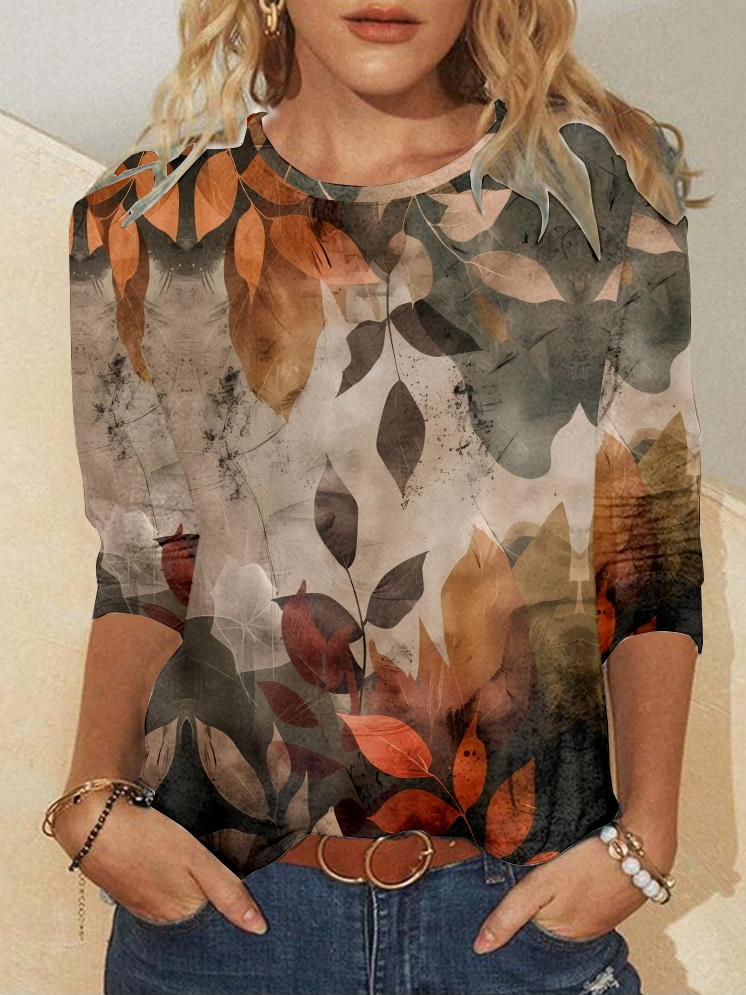 Casual Crew Neck Long Sleeve Leaf Fashion Regular T-Shirt