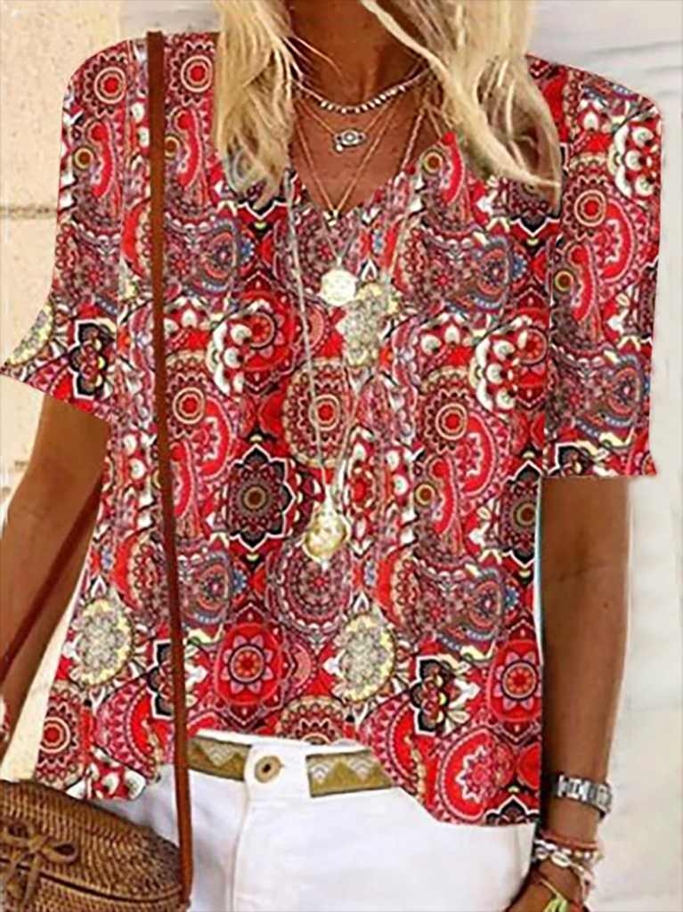 Fashion Short Sleeve Crew Neck Ethnic Loose Regular T-Shirt