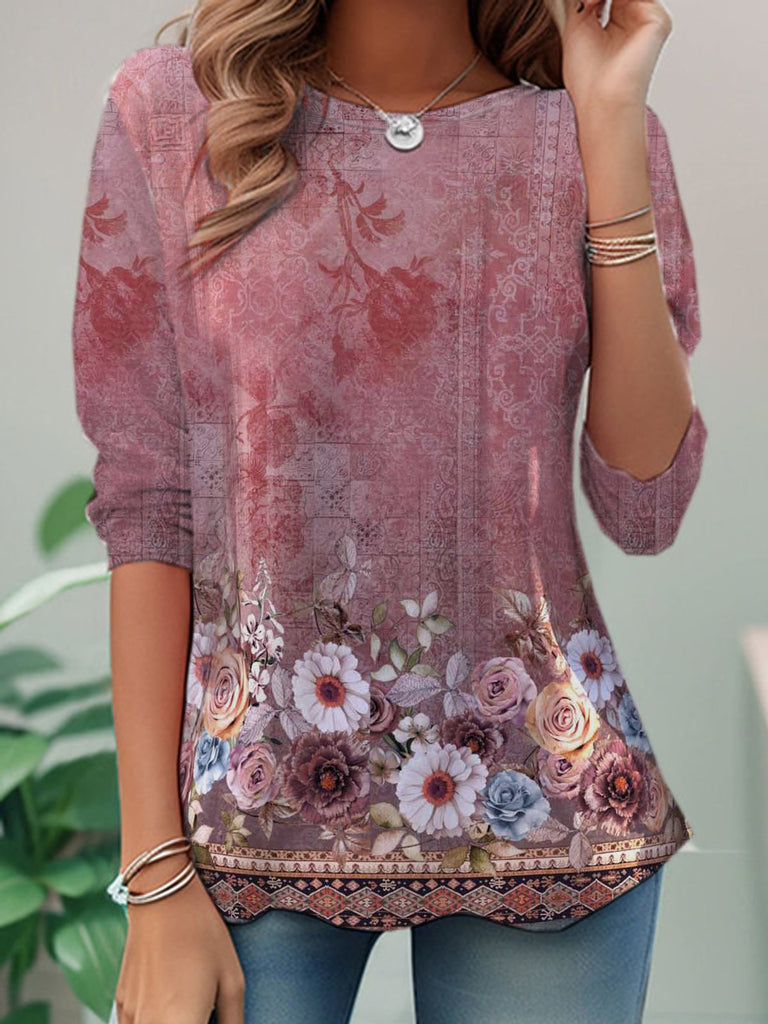 Casual Crew Neck Long Sleeve Floral Fashion Regular T-Shirt