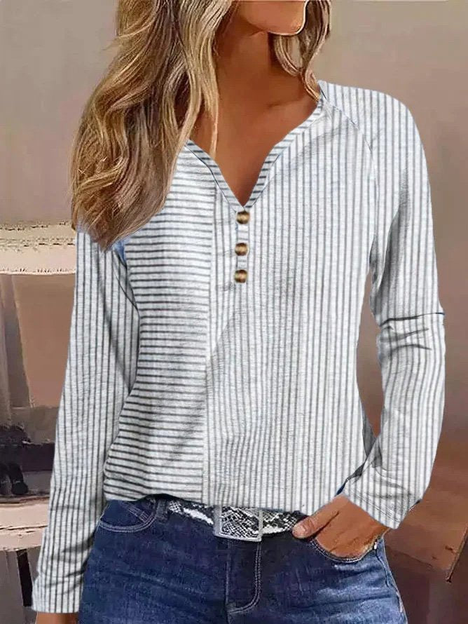 Fashion V Neck Long Sleeve Striped Loose Regular T-Shirt