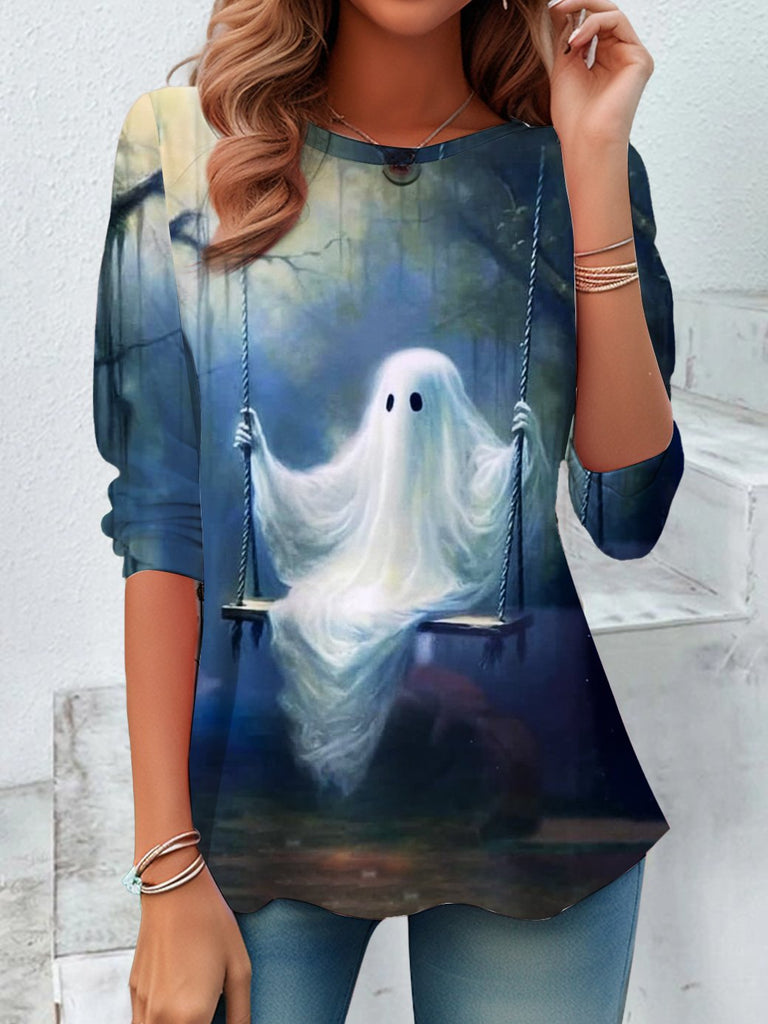 Loose Crew Neck Long Sleeve Halloween Vintage Regular Blouse