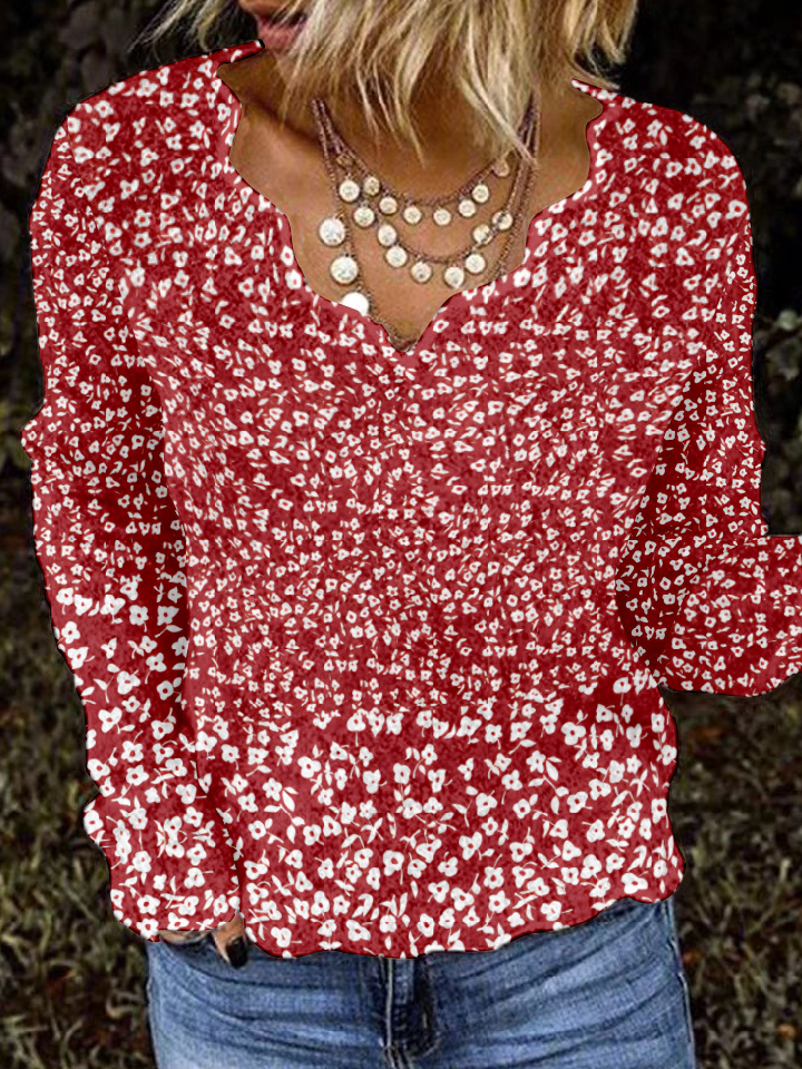 Fashion V Neck Long Sleeve Floral Loose Regular Blouse