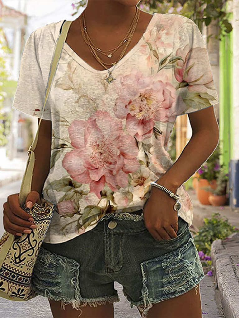 Casual V Neck Short Sleeve Floral Fashion Regular T-Shirt