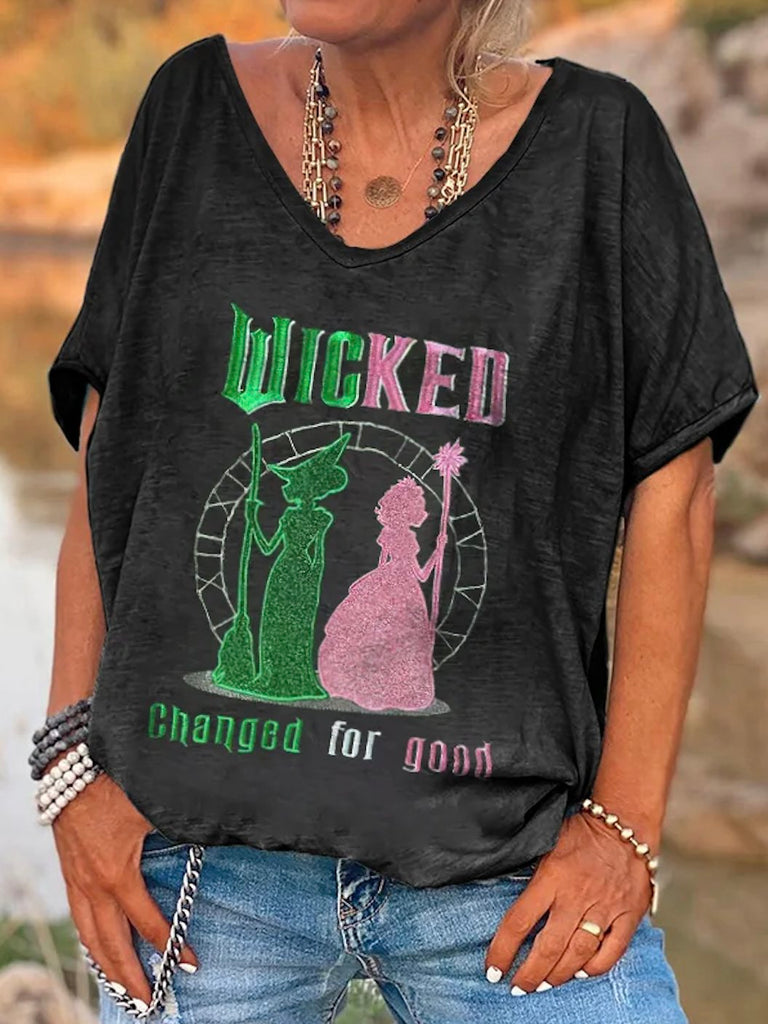 Loose V Neck Short Sleeve Text Letters Vintage Regular T-Shirt