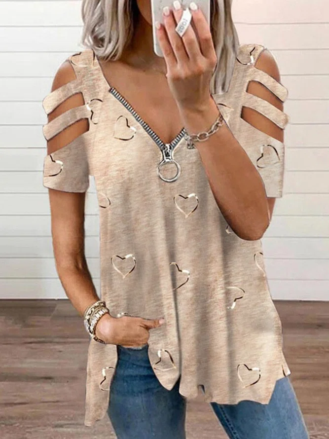 V Neck Short Sleeve Plain Casual Regular Blouses