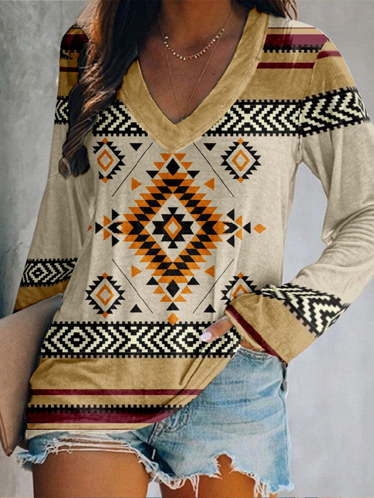 Vintage V Neck Long Sleeve Ethnic Geometry Loose Regular T-Shirt