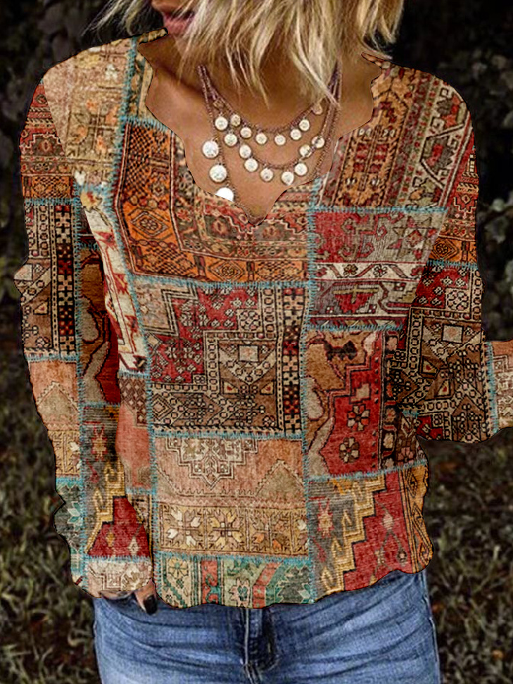 Vintage V Neck Long Sleeve Nationality Loose Regular T-Shirt