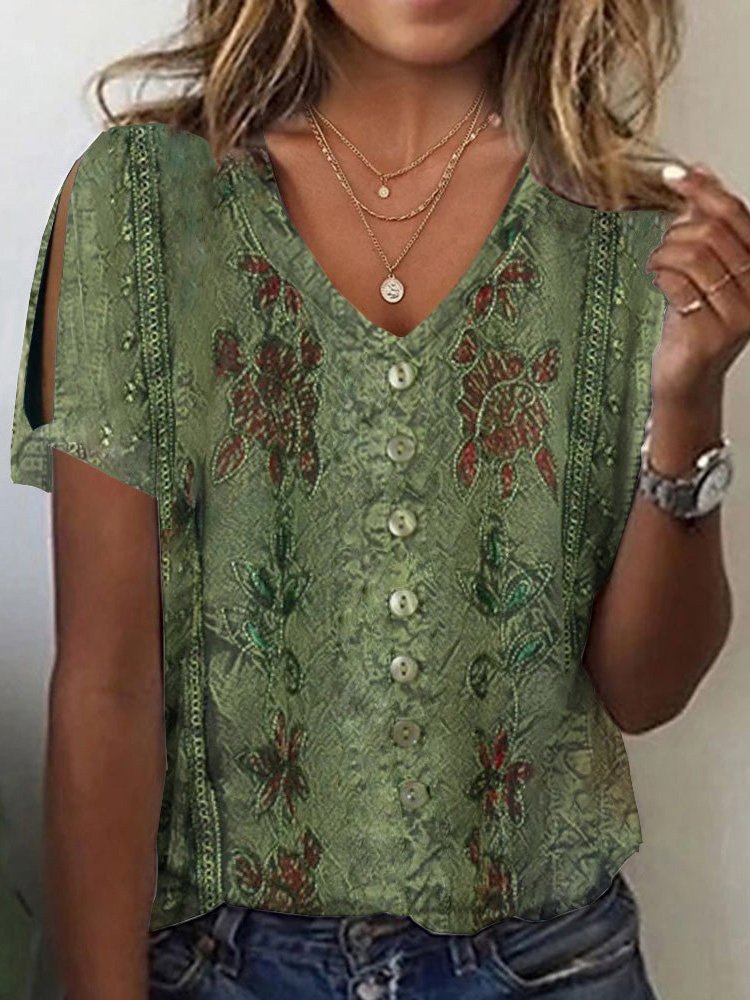Fashion V Neck Short Sleeve Floral Loose Regular Blouse