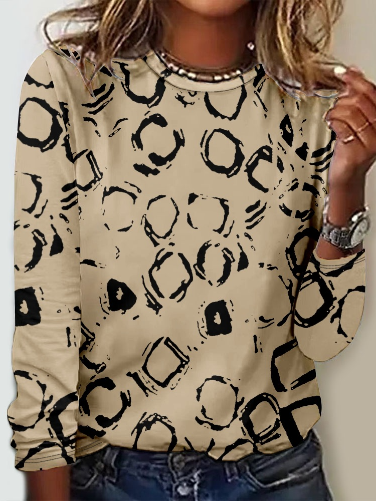 Fashion Crew Neck Long Sleeve Geometric Casual Regular T-Shirt