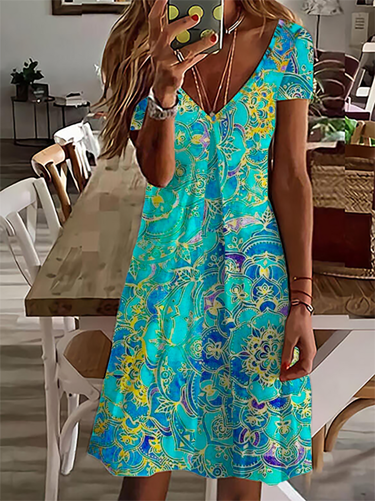 Fashion V Neck Short Sleeve Ethnic Short Dress