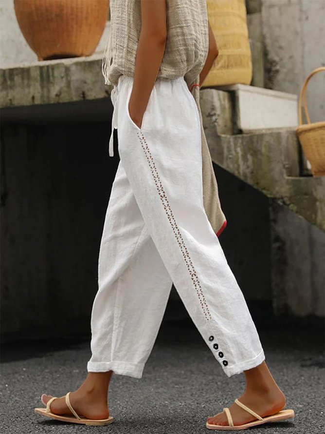 Fashion Plain Hollow Out Split Joint Lace-Up Buckle Pocket Stitching Hollow Out Loose Long Pants