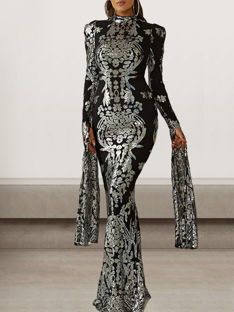 Sexy Extra-Long Sleeve Stand Collar Plain Tight Maxi Dress