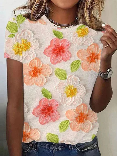 Casual Short Sleeve Crew Neck Floral Fashion Regular T-Shirt