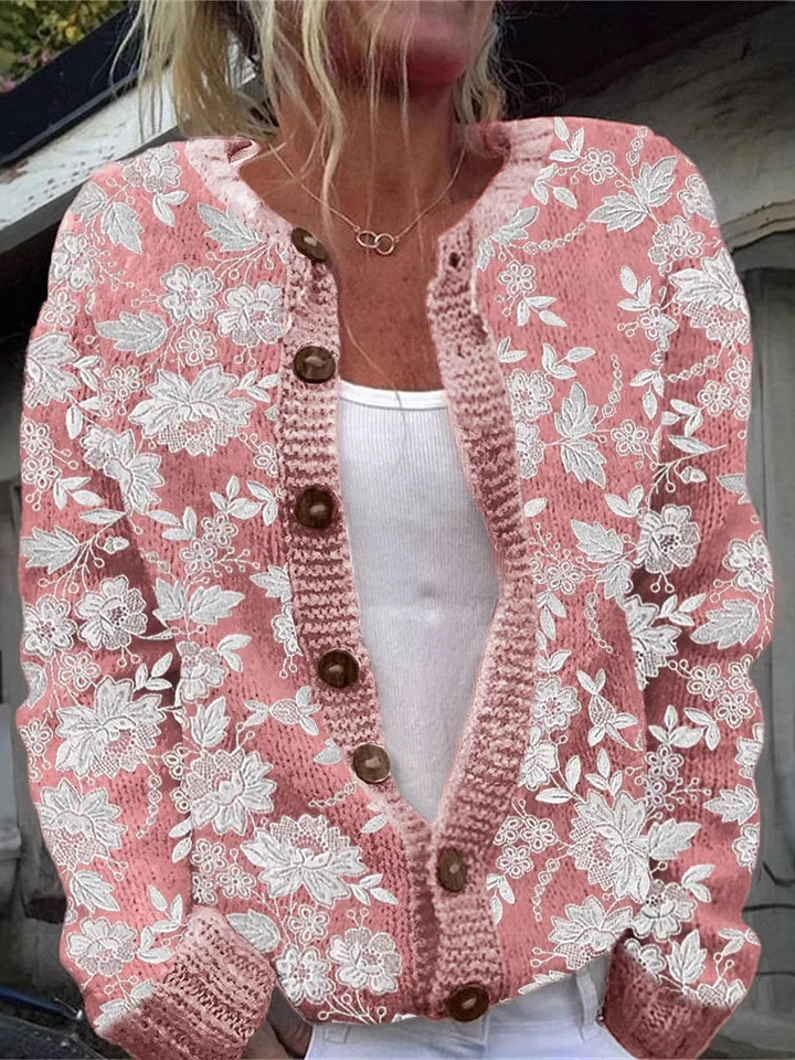 Loose Crew Neck Long Sleeve Floral Fashion Regular Jacket