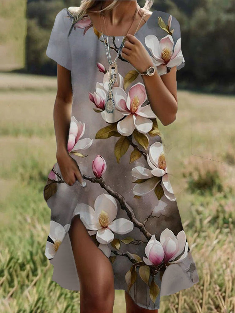 Fashion Short Sleeve Crew Neck Floral Loose Short Dress