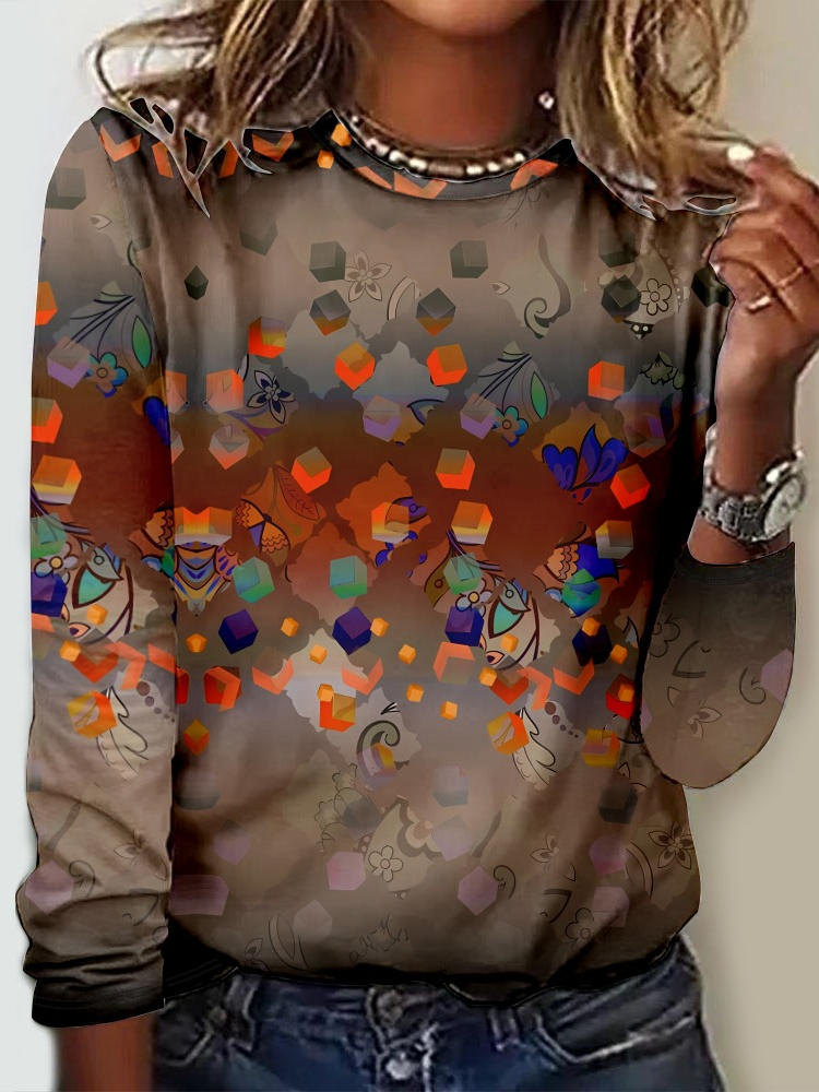 Fashion Crew Neck Long Sleeve Geometric Casual Regular T-Shirt