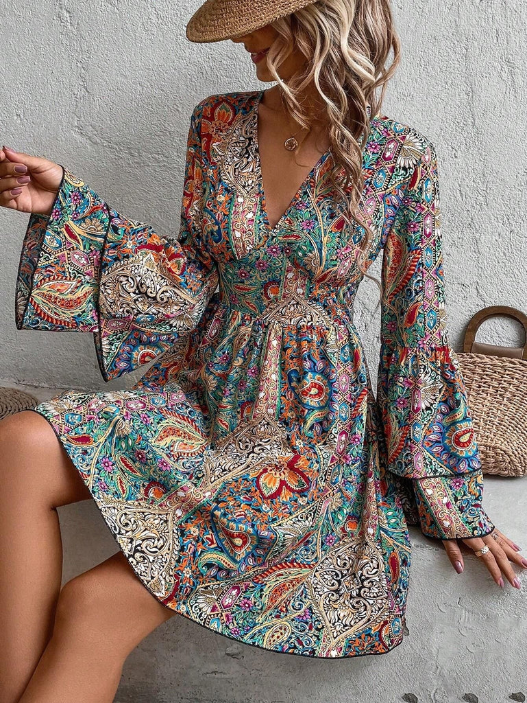 Fashion V Neck Long Sleeve Ethnic Loose Midi Dress