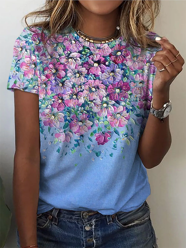 Fashion Short Sleeve Crew Neck Floral Loose Regular T-Shirt