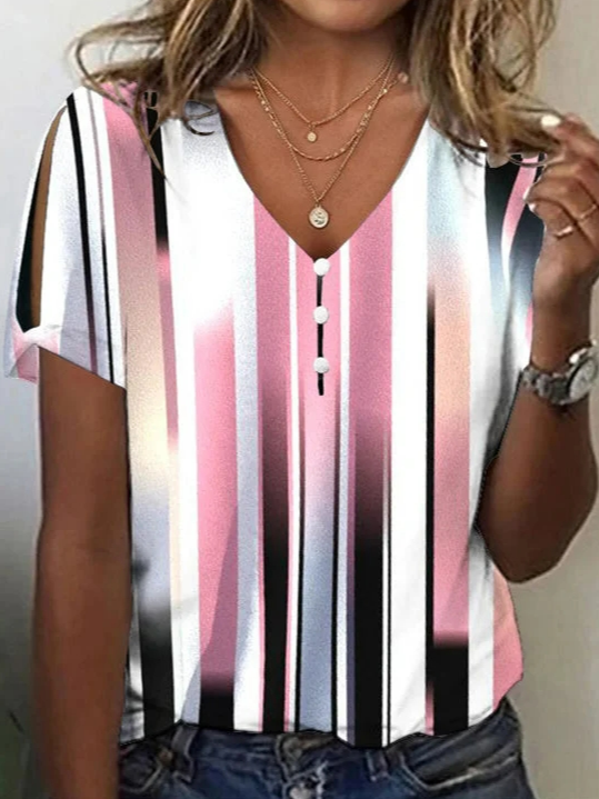 Loose V Neck Short Sleeve Abstract Graphic Fashion Regular Blouse