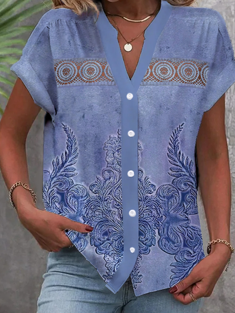 Loose Short Sleeve Shirt Collar Ethnic Patterns Fashion Regular Shirt