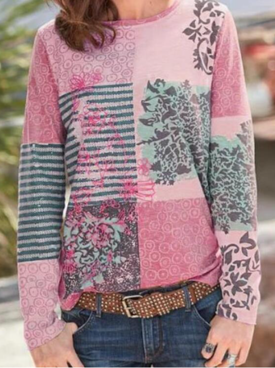 Fashion Crew Neck Long Sleeve Floral Casual Regular T-Shirt
