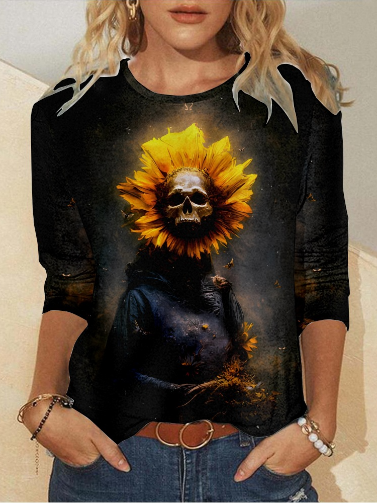 Fashion Crew Neck Long Sleeve Floral Casual Regular T-Shirt