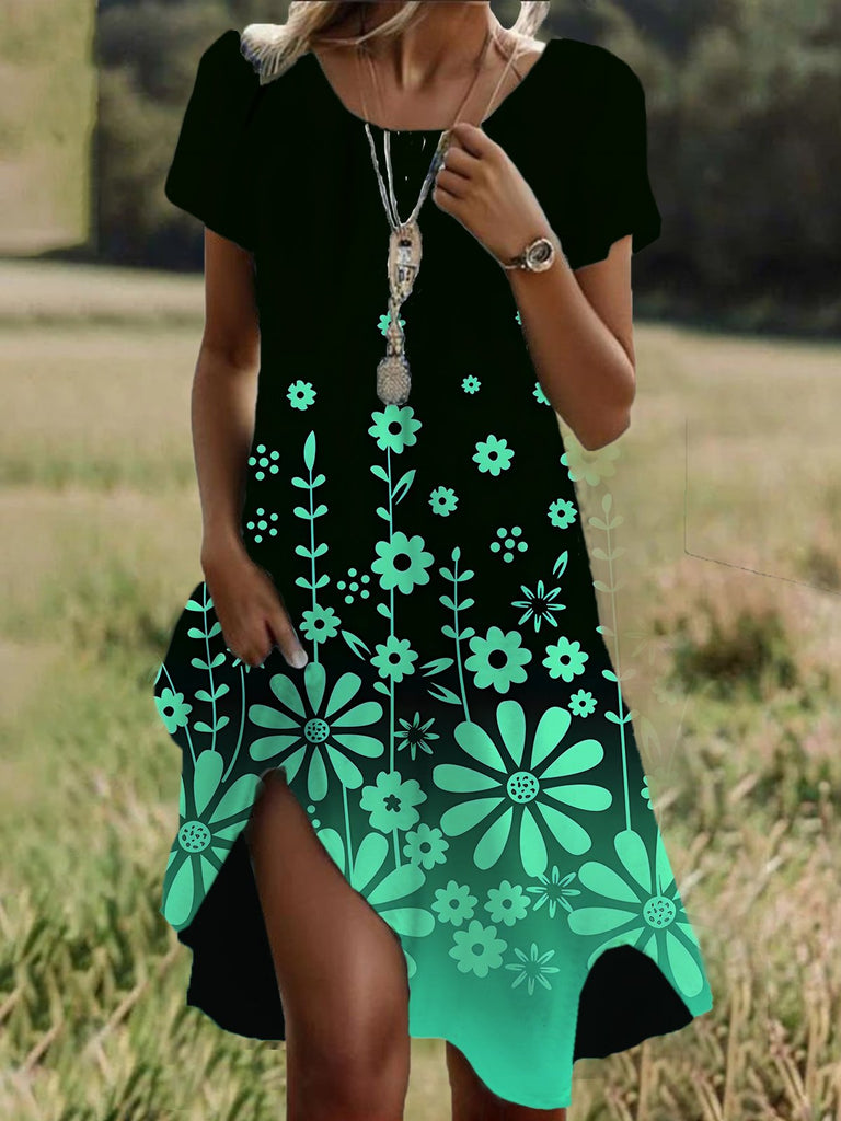Fashion Short Sleeve Crew Neck Floral Loose Short Dress