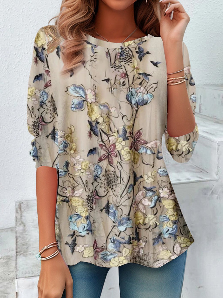 Vintage Crew Neck Long Sleeve Floral Loose Regular Blouse